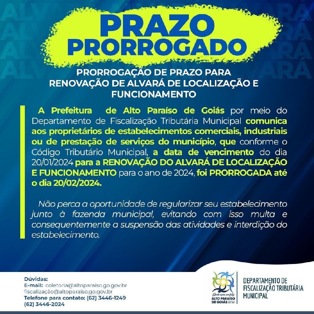 PRORROGAÇÃO DE PRAZO PARA RENOVAÇÃO DE ALVARÁ DE LOCALIZAÇÃO E FUNCIONAMENTO